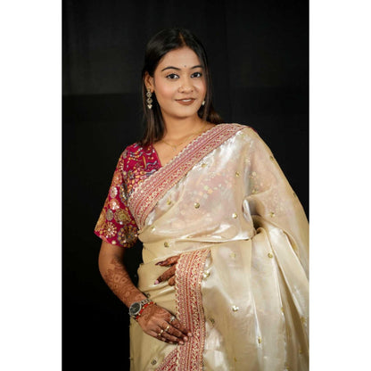 Isadora Life Womens Embroidered Sequined Ivory Pre-Draped Saree With Unstitched Blouse