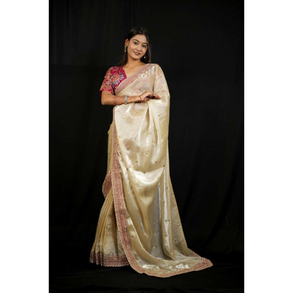 Isadora Life Womens Embroidered Sequined Ivory Pre-Draped Saree With Unstitched Blouse