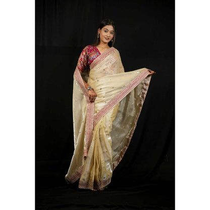 Isadora Life Womens Embroidered Sequined Ivory Pre-Draped Saree With Unstitched Blouse