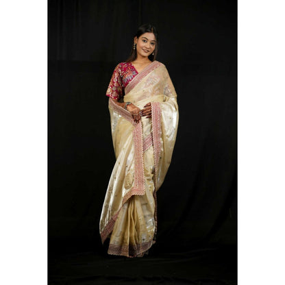 Isadora Life Womens Embroidered Sequined Ivory Pre-Draped Saree With Unstitched Blouse