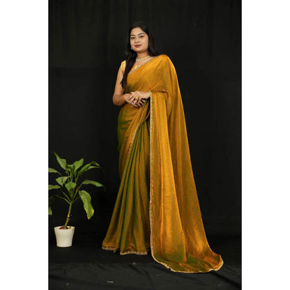 Isadora Life Womens Solid Embroidered Mustard Pre-Draped Saree With Unstitched Blouse