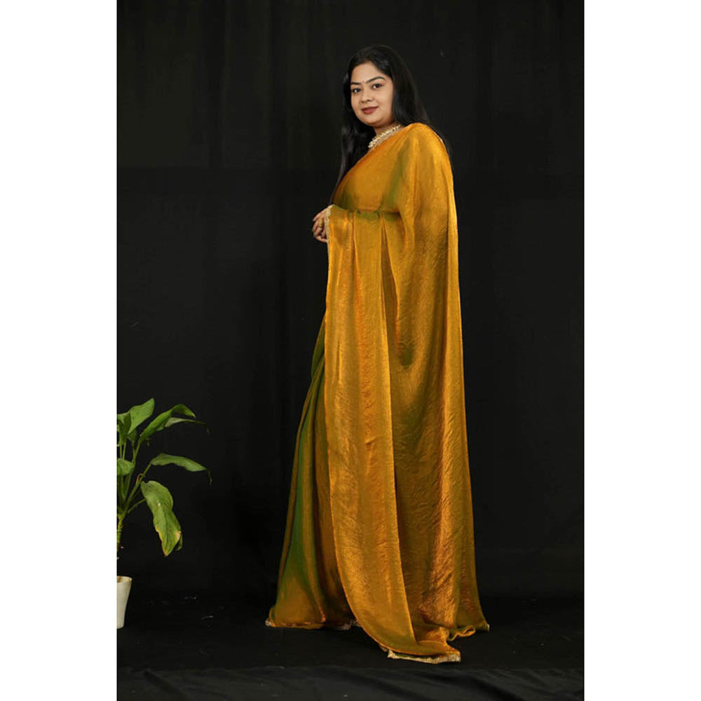 Isadora Life Womens Solid Embroidered Mustard Pre-Draped Saree With Unstitched Blouse