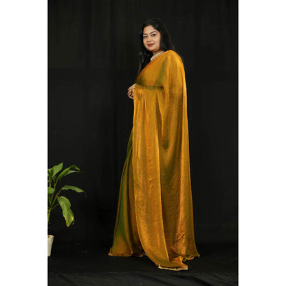 Isadora Life Womens Solid Embroidered Mustard Pre-Draped Saree With Unstitched Blouse