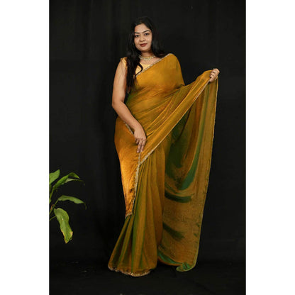 Isadora Life Womens Solid Embroidered Mustard Pre-Draped Saree With Unstitched Blouse