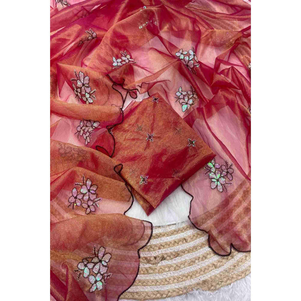 Isadora Life Womens Embroidered Sequined Rust Pre-Draped Saree With Unstitched Blouse