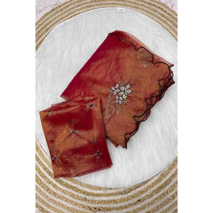 Isadora Life Womens Embroidered Sequined Rust Pre-Draped Saree With Unstitched Blouse