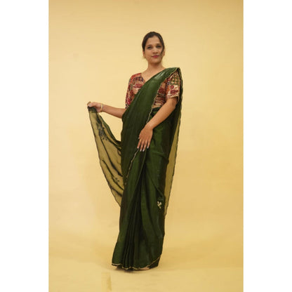 Isadora Life Womens Embroidered Sequined Green Pre-Draped Saree With Unstitched Blouse