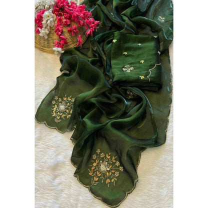 Isadora Life Womens Embroidered Sequined Green Pre-Draped Saree With Unstitched Blouse