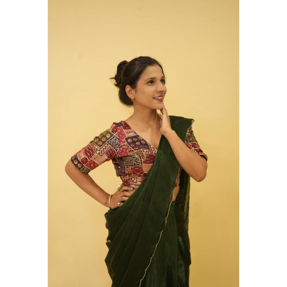 Isadora Life Womens Embroidered Sequined Green Pre-Draped Saree With Unstitched Blouse