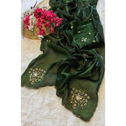 Isadora Life Womens Embroidered Sequined Green Pre-Draped Saree With Unstitched Blouse