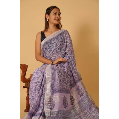Isadora Life Womens Floral Tassels Lavender Pre-Draped Saree With Unstitched Blouse