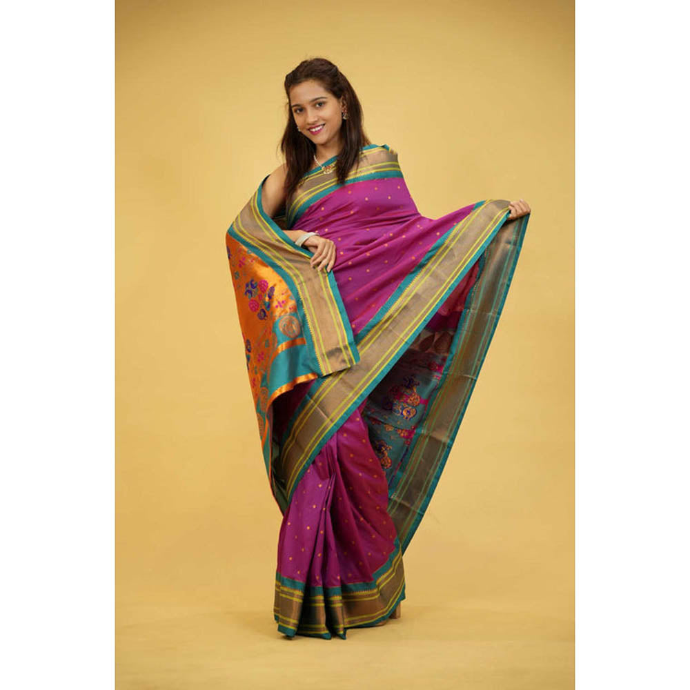 Isadora Life Womens Woven Zari Purple Pre-Draped Saree With Unstitched Blouse