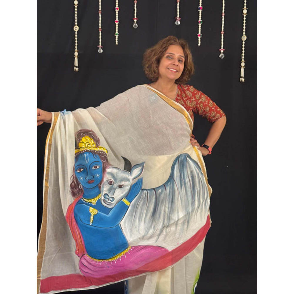 Isadora Life Womens Zari Printed White Pre-Draped Saree With Unstitched Blouse