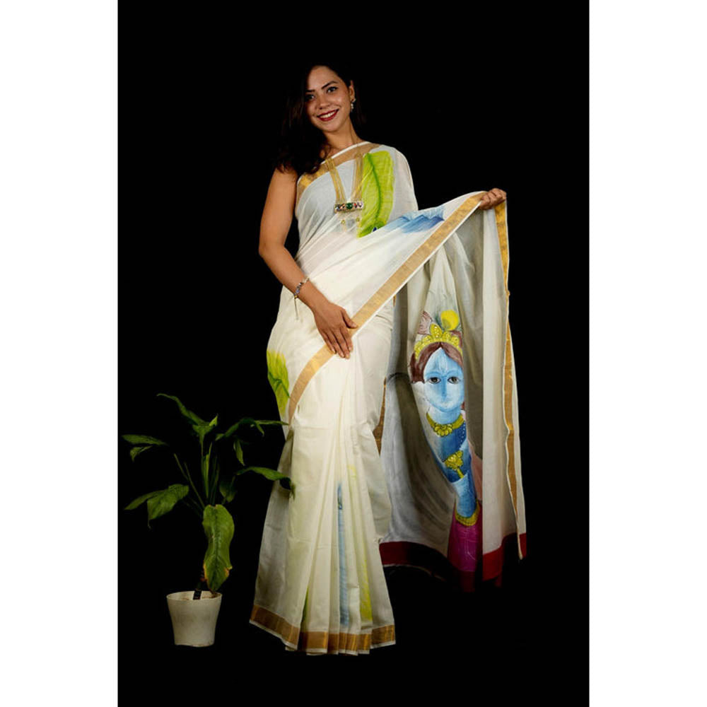 Isadora Life Womens Zari Printed White Pre-Draped Saree With Unstitched Blouse