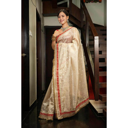 Isadora Life Womens Woven Zari Beige Pre-Draped Saree With Unstitched Blouse