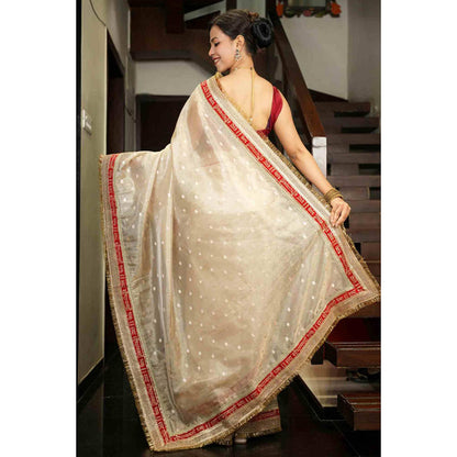Isadora Life Womens Woven Zari Beige Pre-Draped Saree With Unstitched Blouse