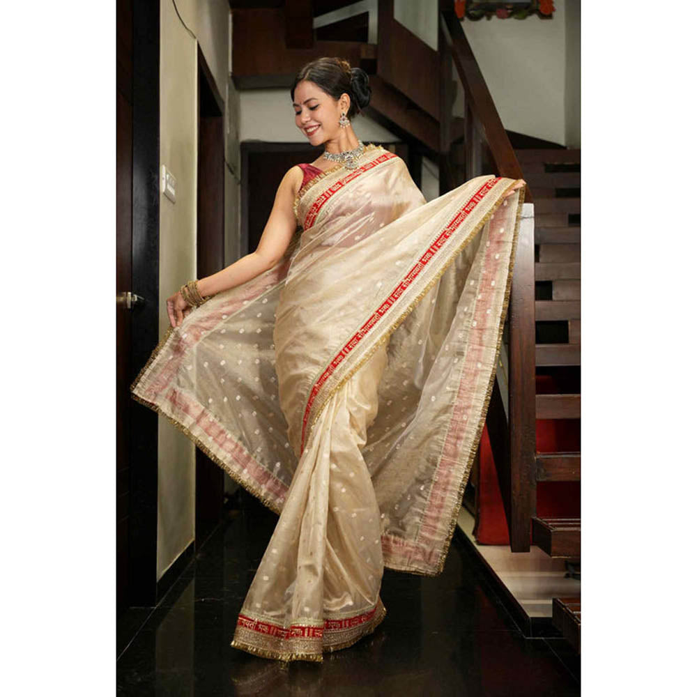 Isadora Life Womens Woven Zari Beige Pre-Draped Saree With Unstitched Blouse