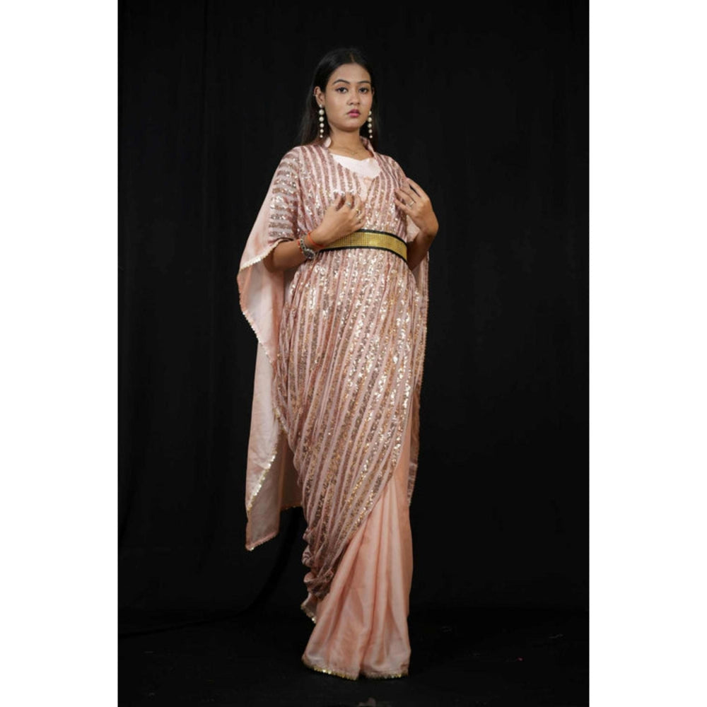 Isadora Life Womens Sequined Peach Pre-Draped Saree With Unstitched Blouse And Belt