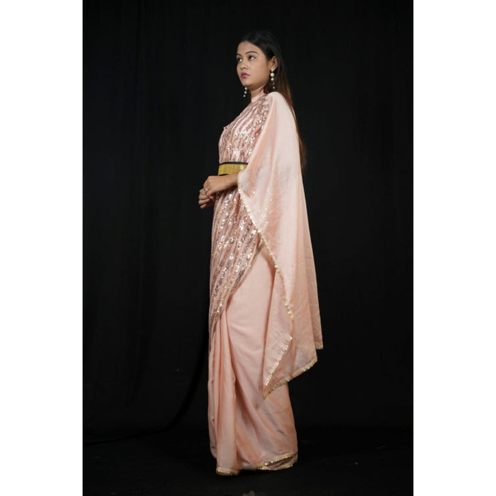 Isadora Life Womens Sequined Peach Pre-Draped Saree With Unstitched Blouse And Belt