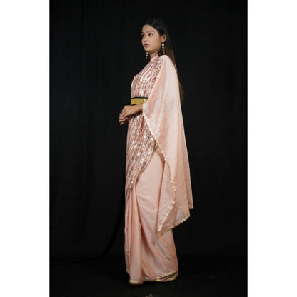 Isadora Life Womens Sequined Peach Pre-Draped Saree With Unstitched Blouse And Belt