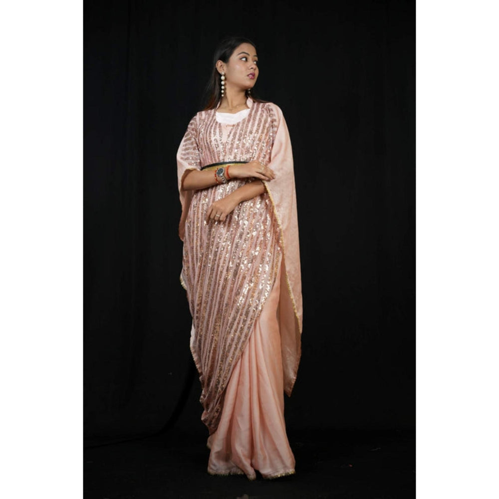 Isadora Life Womens Sequined Peach Pre-Draped Saree With Unstitched Blouse And Belt
