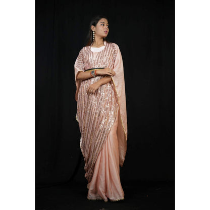 Isadora Life Womens Sequined Peach Pre-Draped Saree With Unstitched Blouse And Belt