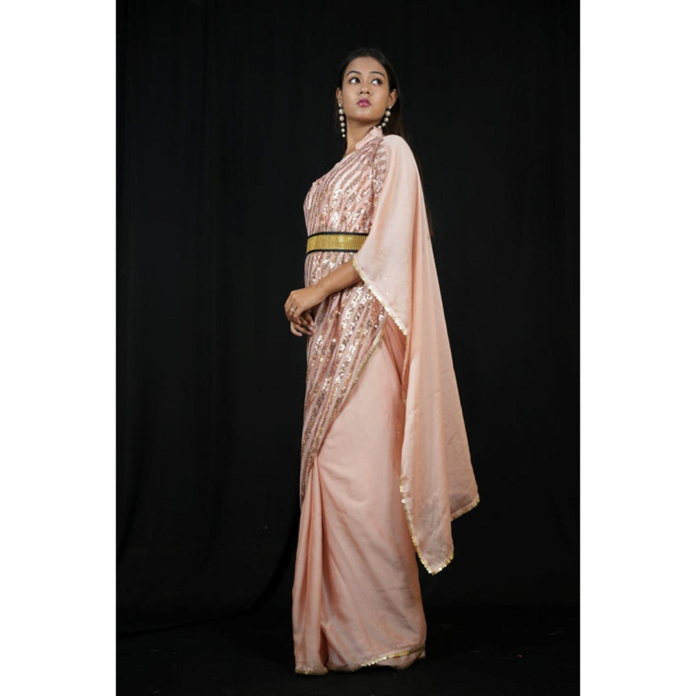 Isadora Life Womens Sequined Peach Pre-Draped Saree With Unstitched Blouse And Belt