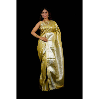 Isadora Life Womens Woven Zari Yellow Pre-Draped Saree With Unstitched Blouse