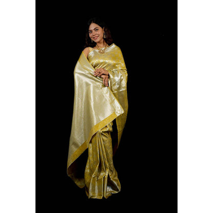 Isadora Life Womens Woven Zari Yellow Pre-Draped Saree With Unstitched Blouse