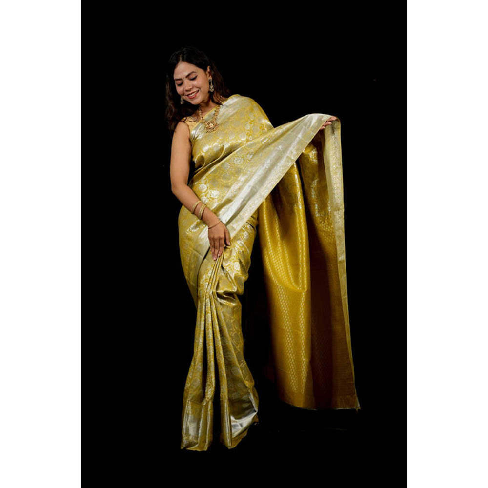 Isadora Life Womens Woven Zari Yellow Pre-Draped Saree With Unstitched Blouse