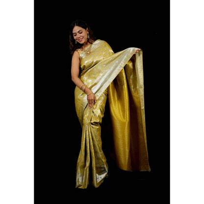 Isadora Life Womens Woven Zari Yellow Pre-Draped Saree With Unstitched Blouse