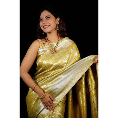 Isadora Life Womens Woven Zari Yellow Pre-Draped Saree With Unstitched Blouse