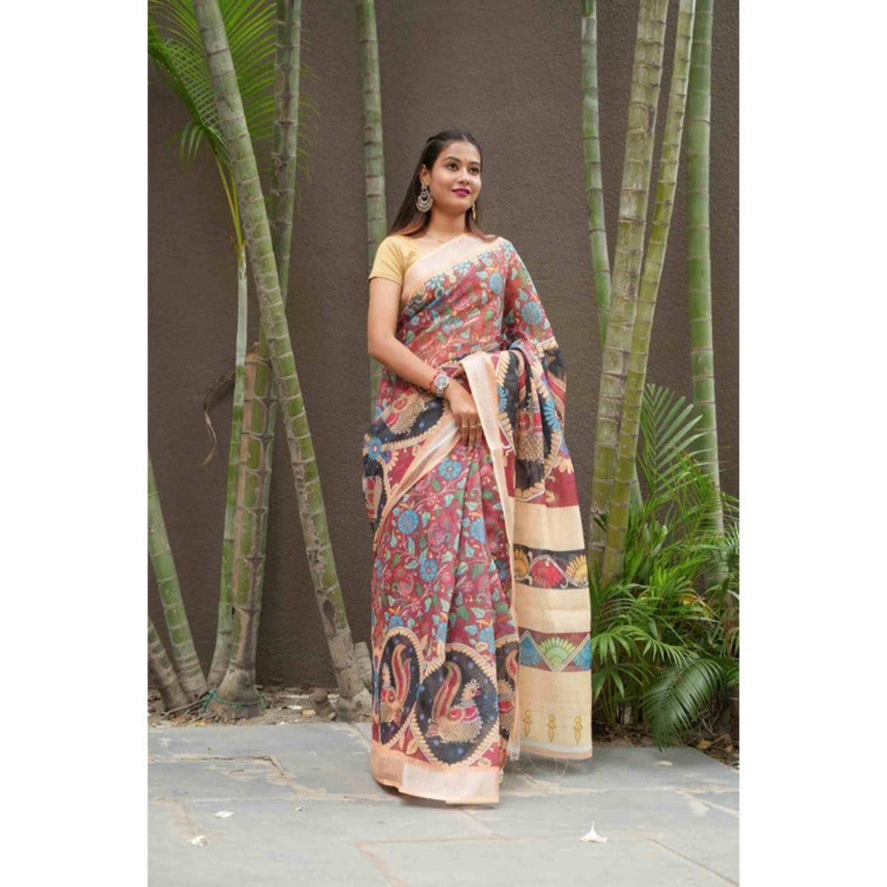 Isadora Life Womens Printed Multi-Color Pre-Draped Saree With Unstitched Blouse