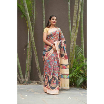 Isadora Life Womens Printed Multi-Color Pre-Draped Saree With Unstitched Blouse