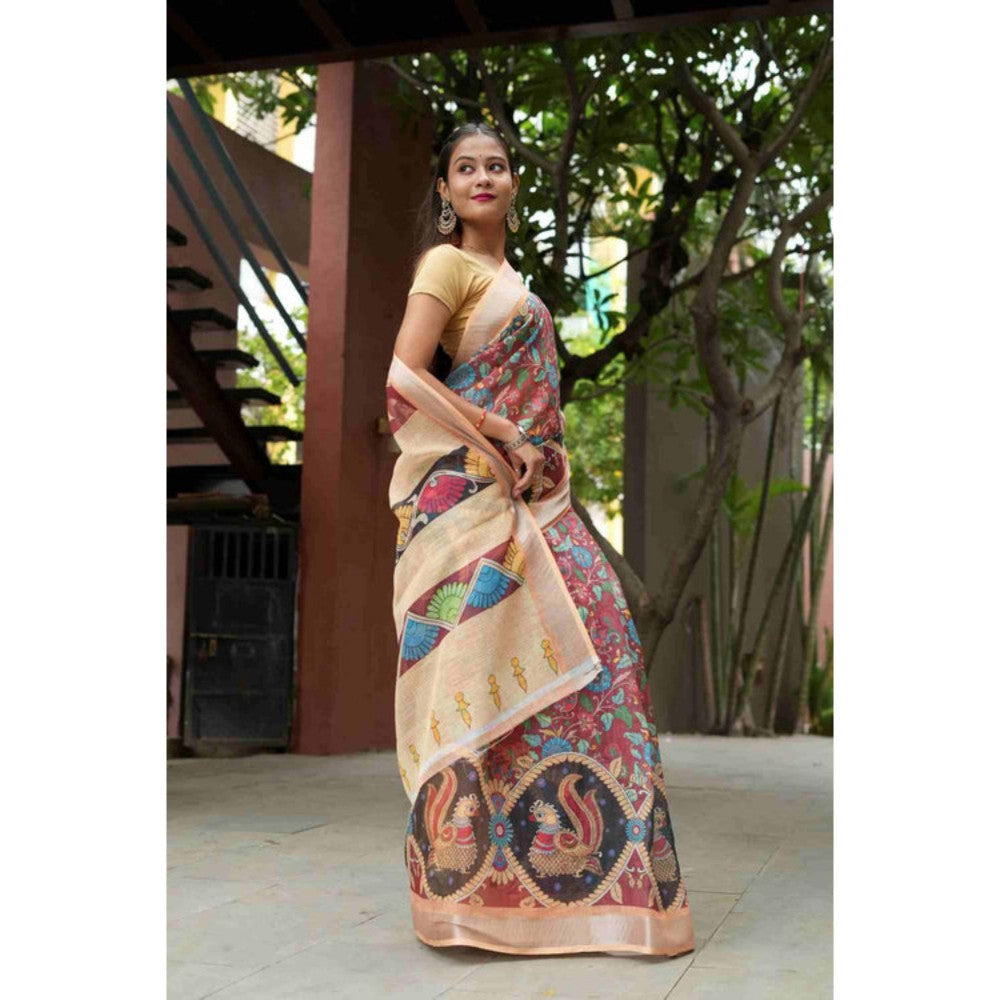 Isadora Life Womens Printed Multi-Color Pre-Draped Saree With Unstitched Blouse