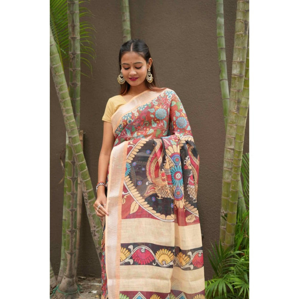 Isadora Life Womens Printed Multi-Color Pre-Draped Saree With Unstitched Blouse