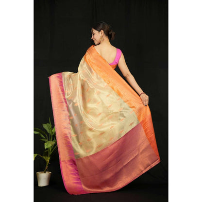 Isadora Life Womens Woven Zari Beige Pre-Draped Saree With Unstitched Blouse