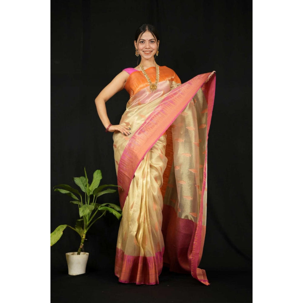Isadora Life Womens Woven Zari Beige Pre-Draped Saree With Unstitched Blouse