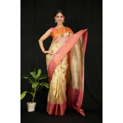 Isadora Life Womens Woven Zari Beige Pre-Draped Saree With Unstitched Blouse