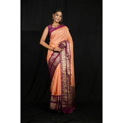 Isadora Life Womens Woven Zari Orange Pre-Draped Saree With Unstitched Blouse