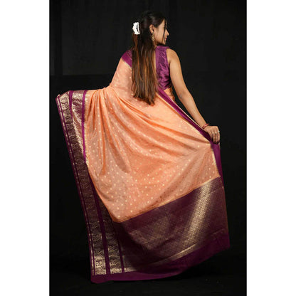 Isadora Life Womens Woven Zari Orange Pre-Draped Saree With Unstitched Blouse