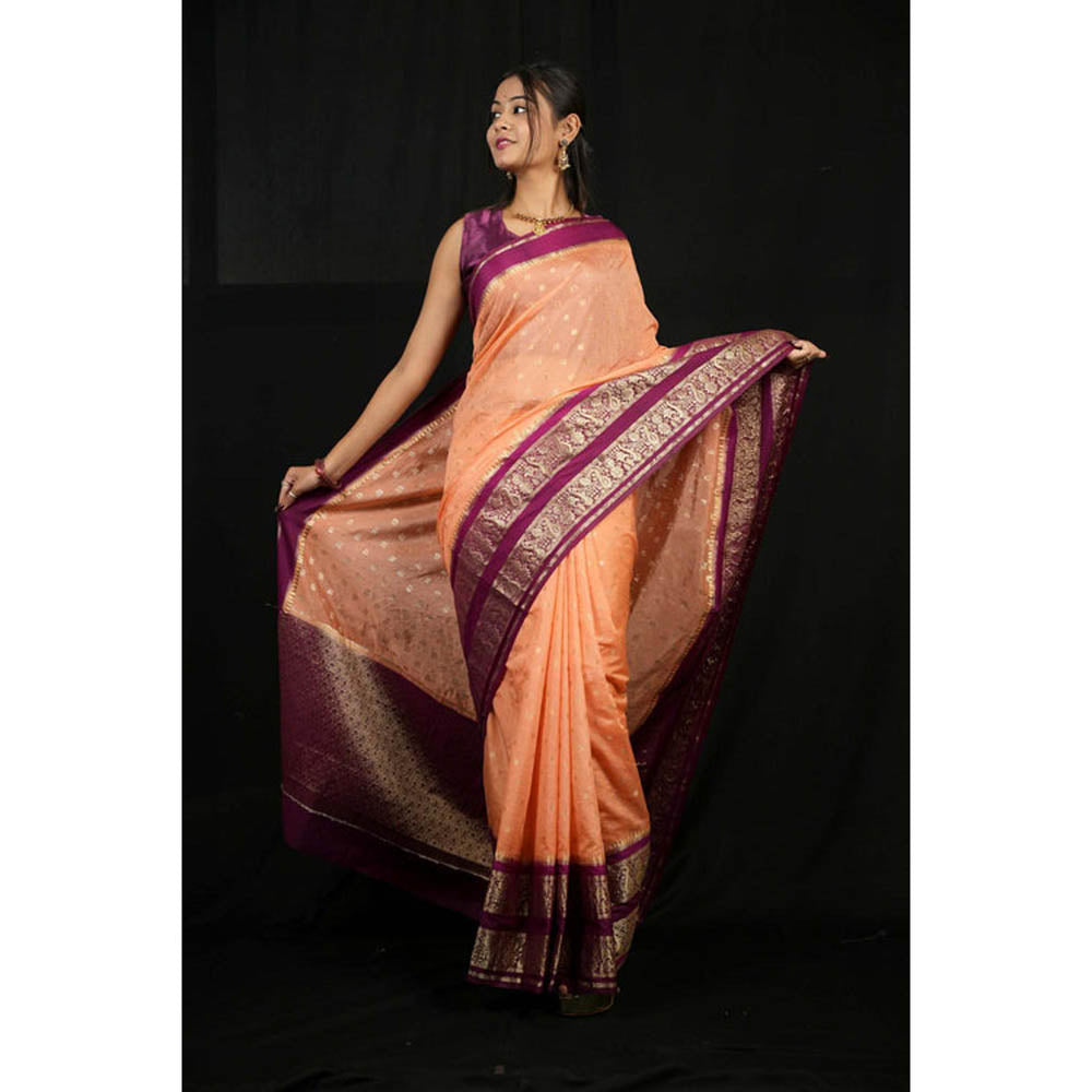 Isadora Life Womens Woven Zari Orange Pre-Draped Saree With Unstitched Blouse