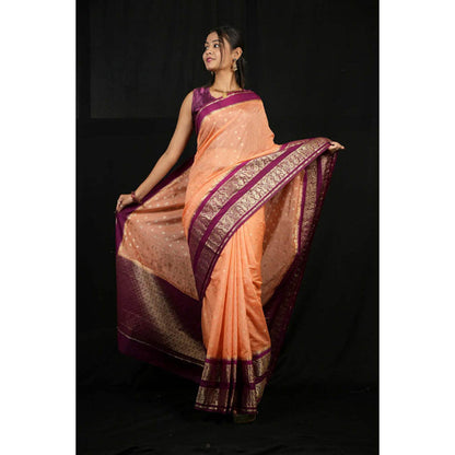 Isadora Life Womens Woven Zari Orange Pre-Draped Saree With Unstitched Blouse