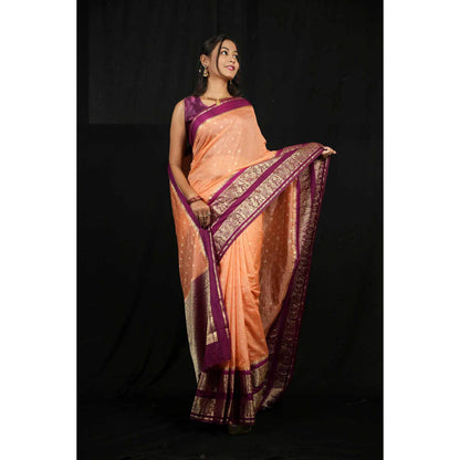 Isadora Life Womens Woven Zari Orange Pre-Draped Saree With Unstitched Blouse