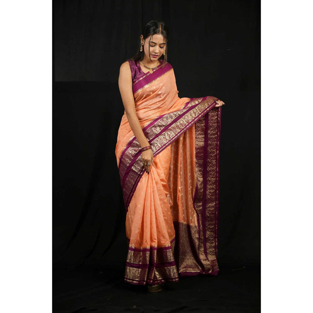 Isadora Life Womens Woven Zari Orange Pre-Draped Saree With Unstitched Blouse