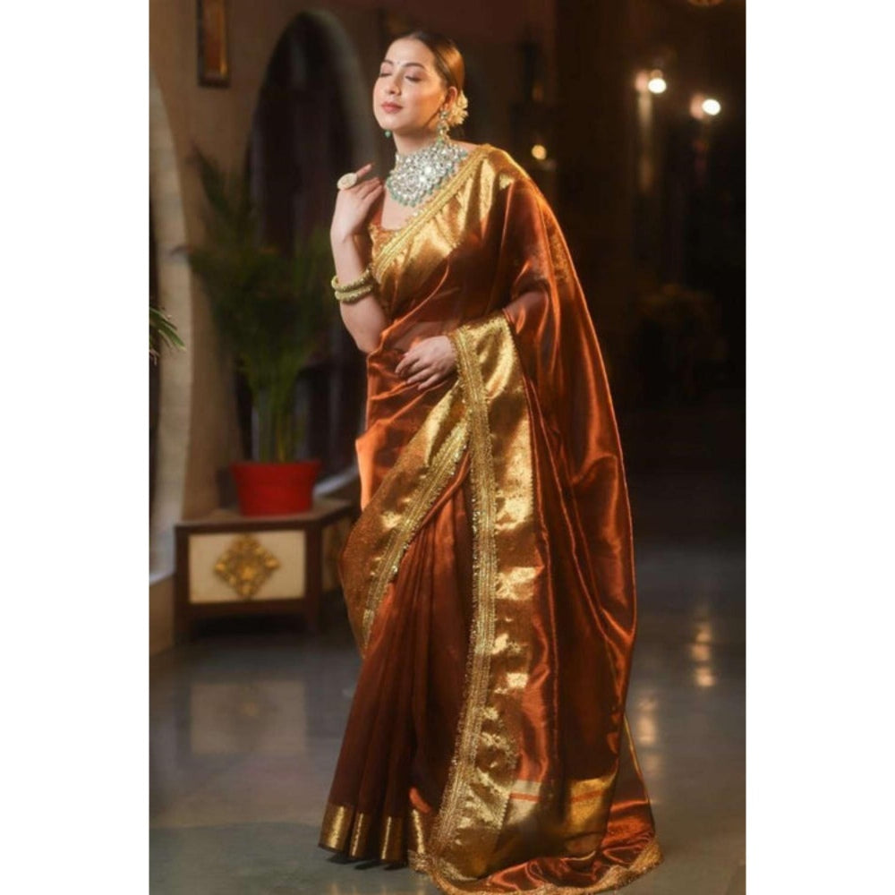 Isadora Life Womens Woven Zari Brown Pre-Draped Saree With Unstitched Blouse