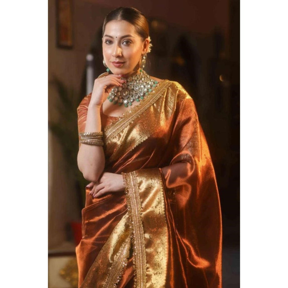 Isadora Life Womens Woven Zari Brown Pre-Draped Saree With Unstitched Blouse