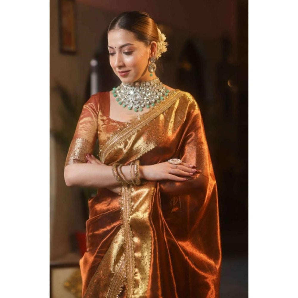 Isadora Life Womens Woven Zari Brown Pre-Draped Saree With Unstitched Blouse