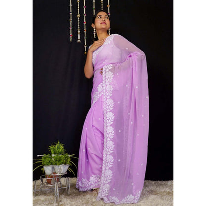Isadora Life Womens Embroidered Thread Work Lavender Pre-Draped Saree With Unstitched Blouse