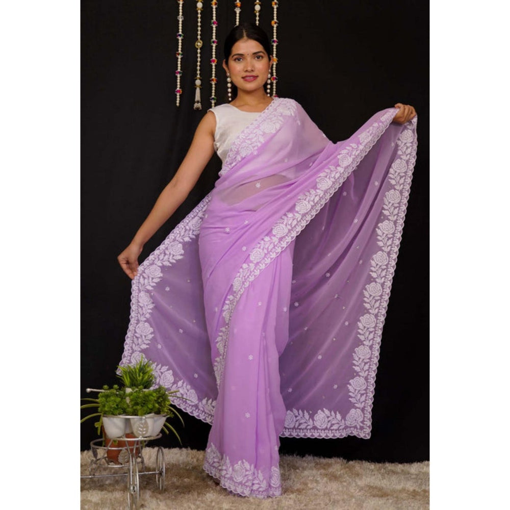 Isadora Life Womens Embroidered Thread Work Lavender Pre-Draped Saree With Unstitched Blouse